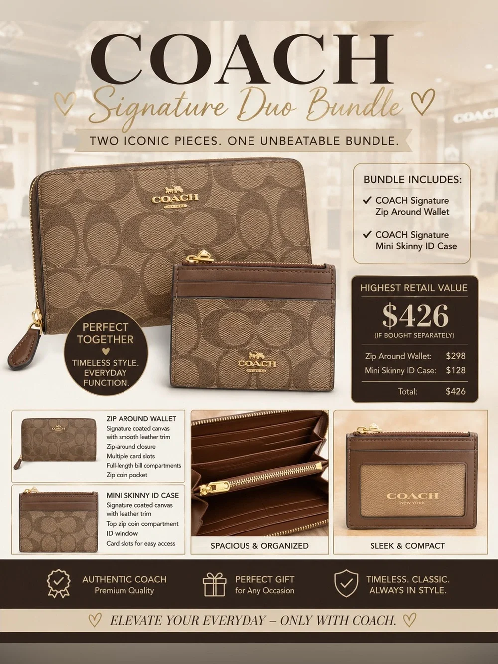 COACH Signature Zip Around Wallet & Mini Skinny ID Case